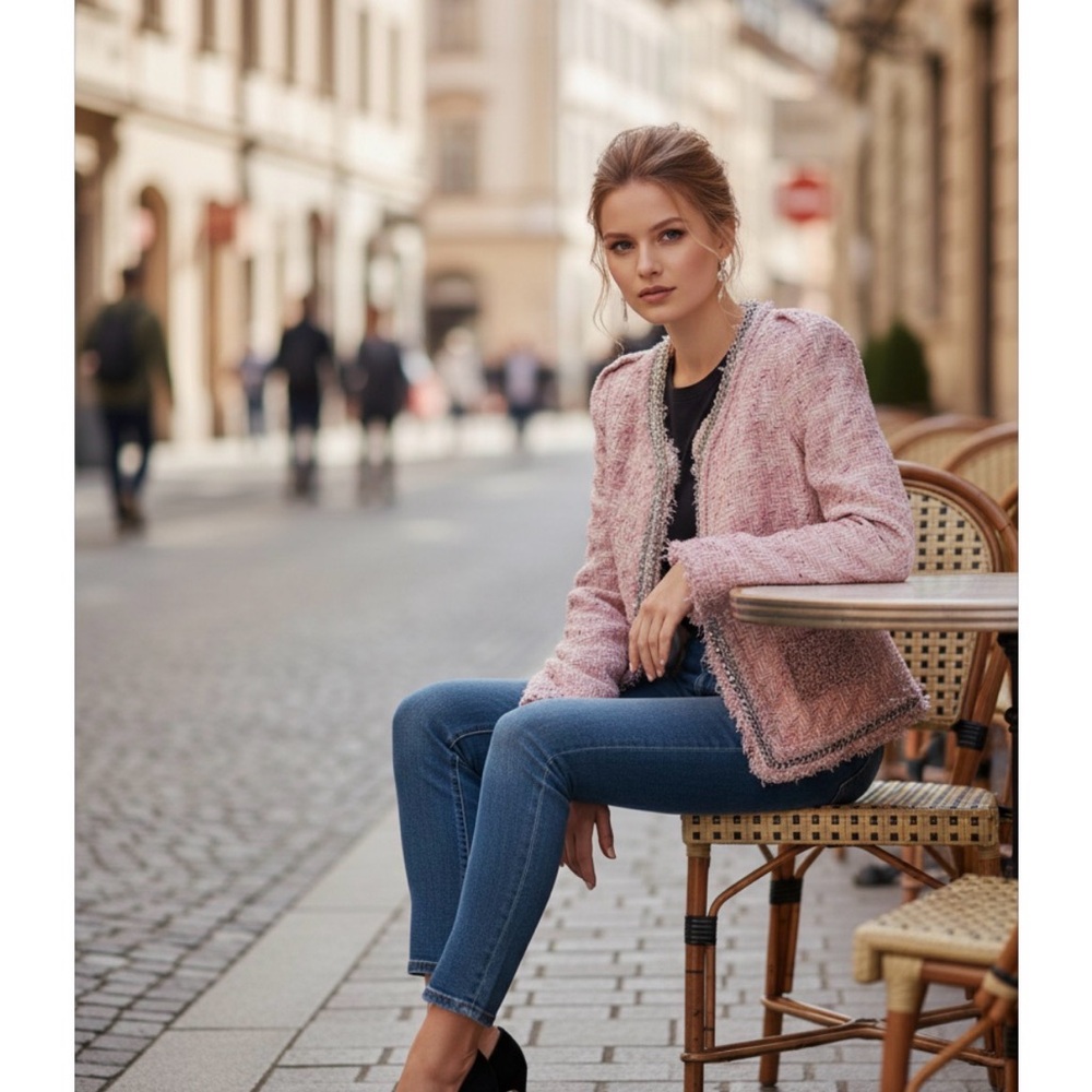 McGinn Sheila Tweed Boucle Fringe Jacket Pink Embellished Women's 8 $360